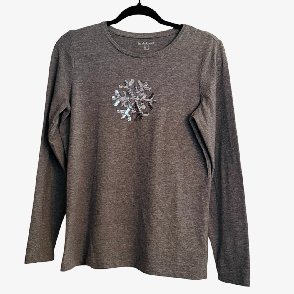 Liz Claiborne -Sequin Snowflake Gray Long Sleeve Crewneck Holiday Top-Size Small